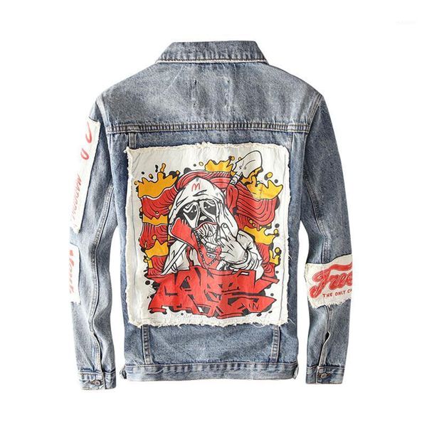

aboorun graffiti printed patchwork hip hop denim jacket men fashion streetwear oversized jeans jacket for male r28161, Black;brown