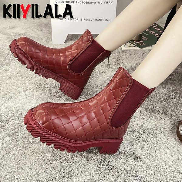 

kiiyilala platform grid furry women's ankle boots winter plush waterproof elastic band snow boot for ladies shoes women, Black