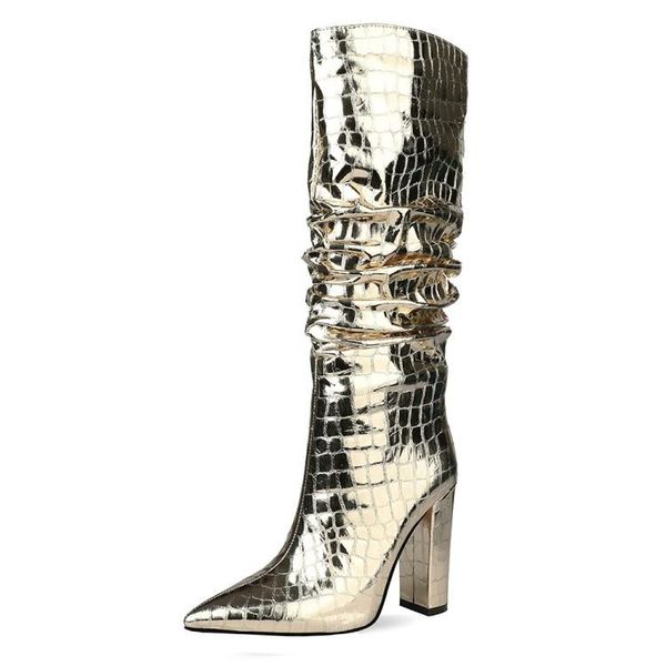 

european and american british gold silver boots bandage boots pointed over knee women's shoes, Black