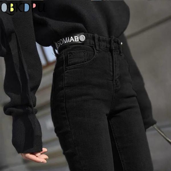 

uvrcos autumn vintage black elastic skinny denim pants women high waist stretch slim leggings jeans female casual gray pencil pa y1214, Blue