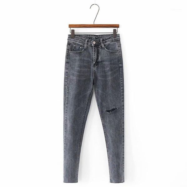 

2020 spring new export tail single high waist slim knee hole 9-point small leg jeans female1, Blue