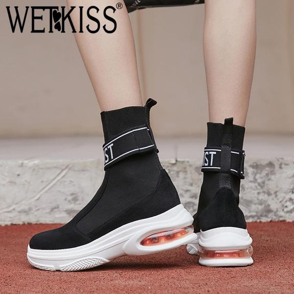 

wetkiss stretch sneakers women ankle boots footwear flat with female boot casual platform knitting shoes women sneakers 2020 new, Black