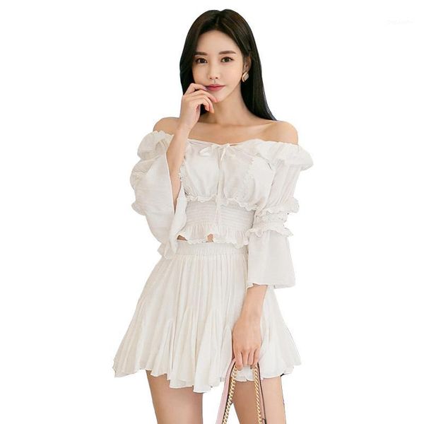 

summer new women white set two piece slash neck ruffles half sleeve female + high waist short skirt suits 2 piece sets1