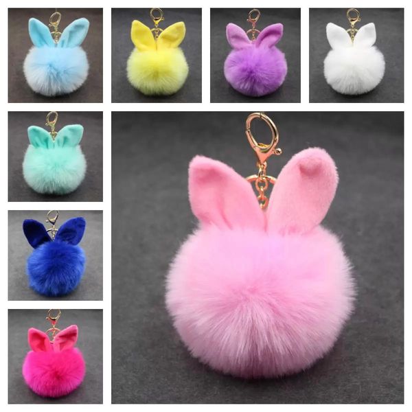 

pompom keychains party favor gift fake rabbit ear fur ball key chain pom pom fluffy bag charms bunny keychain keyring for women, Silver