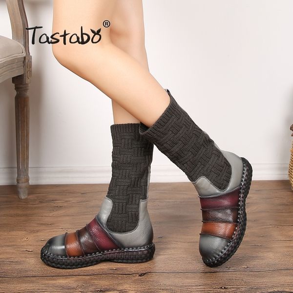 

tastabo boots women genuine leather boots shoes woman autumn handmade lady soft flat shoes casual women's shoes t200425, Black