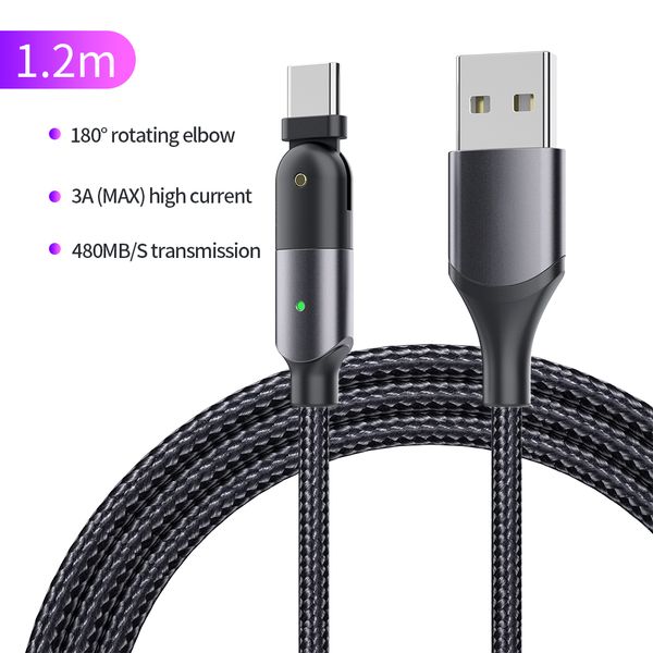

180 degree rotating game charging cable type c micro usb for samsung xiaomi 1.2m cable 3a high current usb cable dhl