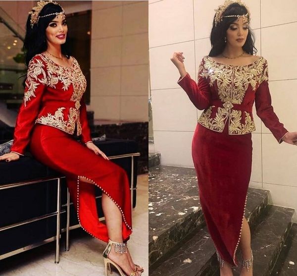 

karakou algÃ©rien burgundy evening formal dresses long sleeve gold lace embroidery velvet peplum arabic kaftan prom gowns robes, Black;red