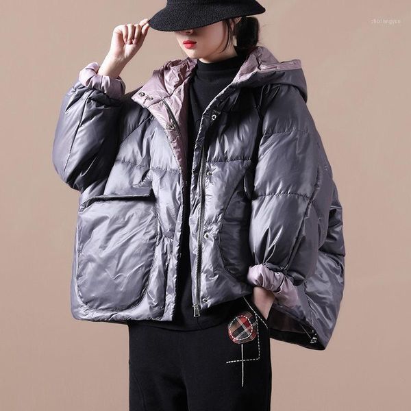 

winter 2021 new women's loose large size hem drawstring hooded shiny short coat oversized simple leisure parka abrigo mujer y6061, Black