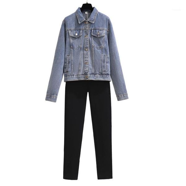 

women's tracksuits autumn women denim jean jacket joker black pants leisure outfit student casual clothing set two pcs suits female vin, Gray