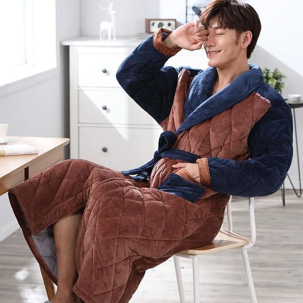 

2021 new winter bathrobe for men three-layer quilted cotton flannel thickened warm robes male long dressing gown home wear, Black;brown