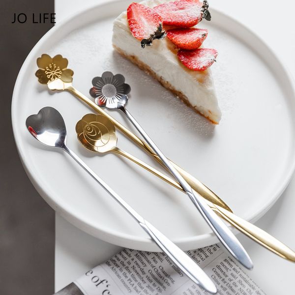

jo life stainless steel long handle vintage drinking cutlery gold silver flower dessert tea coffee mixing spoon q1221