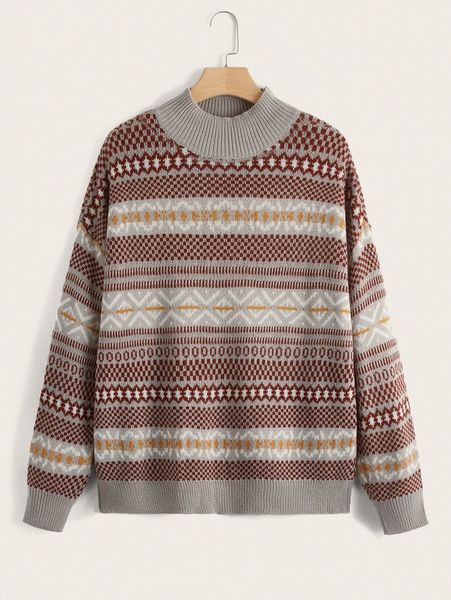 

plus geo pattern mock neck drop shoulder sweater a29t#, Black