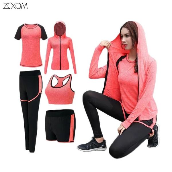 

yoga outfits 5 piece set women's tracksuits sets sportsuit soft comfy quick-drying running jogging gym workout sweatsuit, White;red