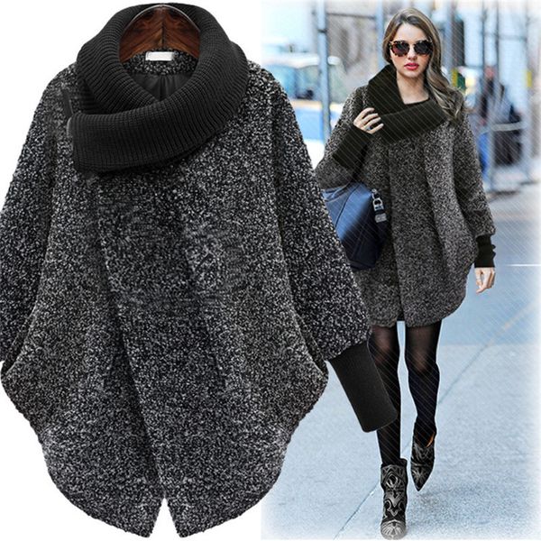 

large women's woolen 2021 autumn winter wool coat knitted turtleneck thick cashmere cloak female jacket plus size 5xl, Black