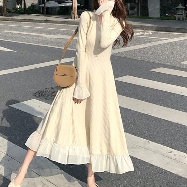 

elegant sweater dress women long sleeve v-neck office knitted dress female vintage lace one-piece korea 2021 autumn winter, Black;gray