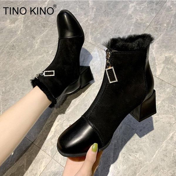 

women ankle boots ladies zipper pumps warm plush female winter shoes square toe female fashion snow boots woman chunky heels, Black