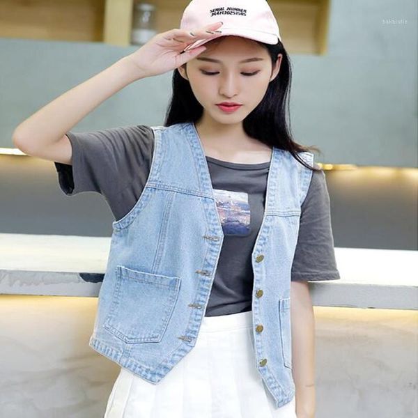 

spring summer denim vest women sleeveless short jacket v-neck single breasted waistcoats1, Black;white