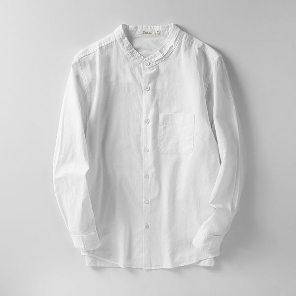 

2021 new color flax long male shirt henley collar man shirts fine adjustment chinese autumn lyel cotton 69wu, White;black