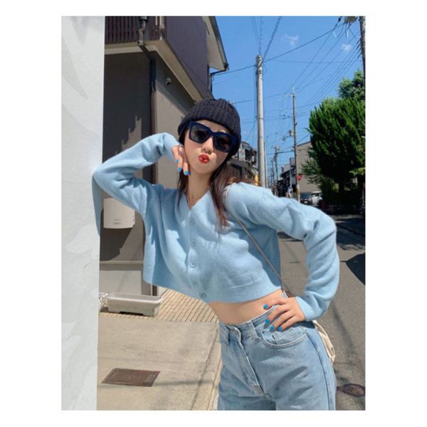 

net red spring dress 2020 v-neck knitted cardigan coat women's elegant style short baby blue sweater, White;black