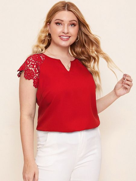 

plus notch neck guipure lace trim k8rw#, Black