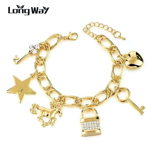 

charm bracelets longway gold color ethnic love satr lock key bracelet & bangle crystal for women jewelry pulseira sbr160339, Golden;silver