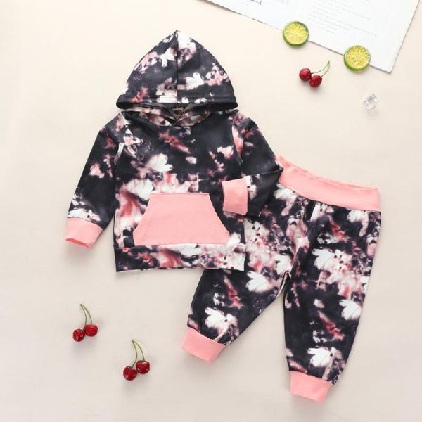 

clothing sets baby boy girl outfit infant long sleeve splice tie-dye hoodie shirt sweatshirt +long pants trouser kids clothes set, White