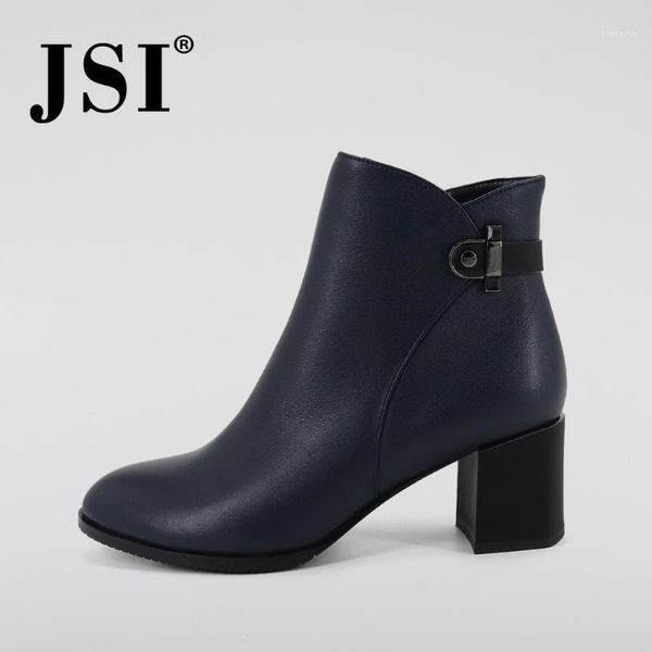 

jsi winter ankle women boots genuine leather solid handmade shoes round toe square heel zipper high heel basic boots women jc3751, Black