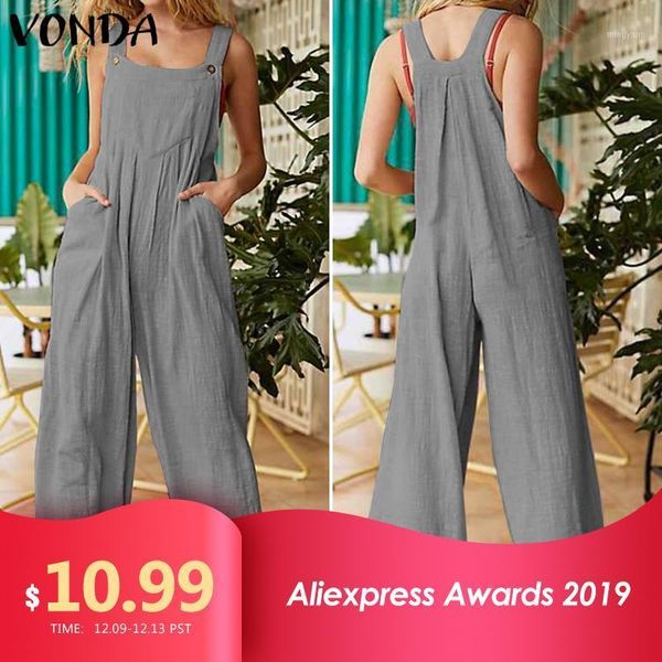 

overalls rompers women jumpsuit 2021 vonda summer wide leg jumpsuit plus size casual loose cotton pantalon solid strap pants 5xl1, Black;white