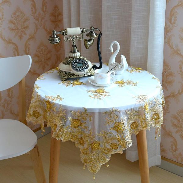 

european lace fabric gold embroidery beaded pendant tablecloth home l villa balcony small round table luxury cover tapete