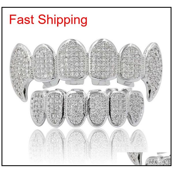 

hip hop grillz luxury glaring zircon micro pave dental grills 2019 fashion men women 18k gold plated teeth brace 2-pi jllklj bdesybag, Black