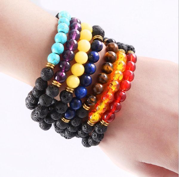 

men and women 8mm volcanic stone beads bracelet colorful chakra energy yoga beads bracelet dmfb031 mix order 20 pieces a lot, Golden;silver
