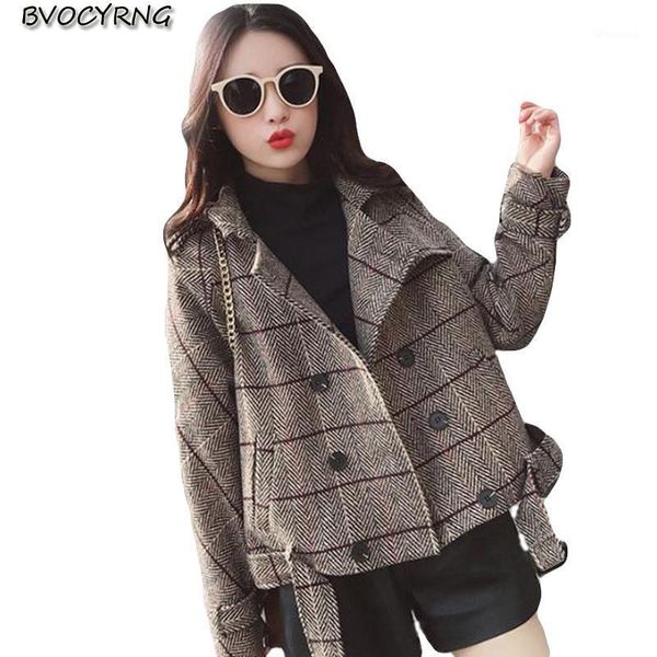 

student short coat for women 2020 spring autumn plaid woolen outerwear fashion belt slim jacket female casual parka short 1, Black