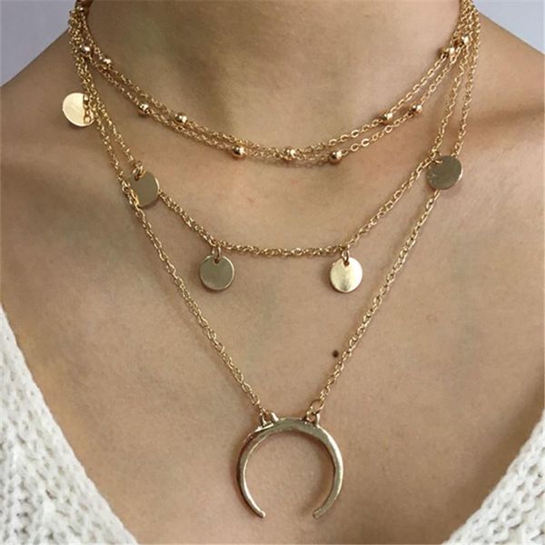 

brling new 2020 fashion ins vintage chain pendant choker disc moon pendant multi-layer alloy necklace for women girl gifts party, Golden;silver