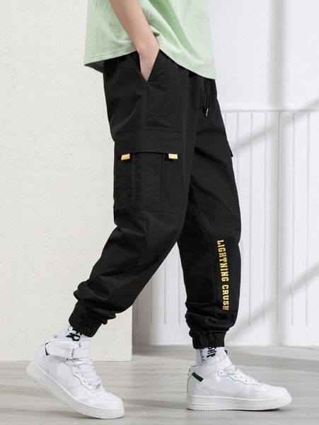 

men letter graphic utility pocket drawstring waist joggers o1dw#, Black