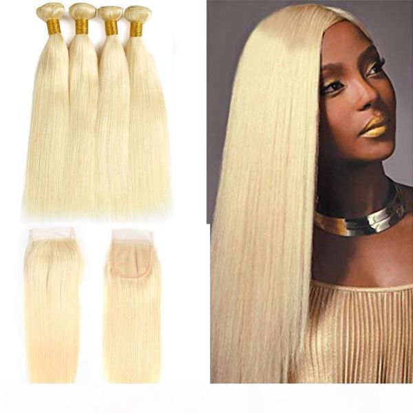 

613 blonde straight lace closure with bundles brazilian virgin human hair 3 bundles with 4x4 lace closure pre plucked cuticle aligned hair, Black;brown