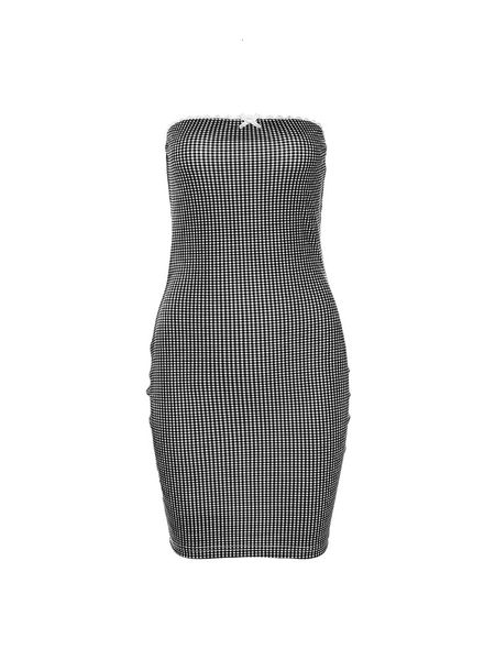 

2021 new vintage honey black and white plaid elastic ribbon strapless sheathed above the knee mini dress ekpm, Black;gray