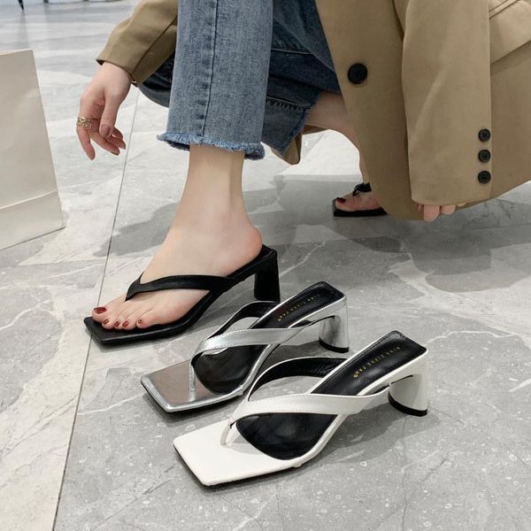 

2021 shoes woman rubber flip flops slippers soft pantofle luxury slides square heel heeled mules med hawaiian comfort new, Black
