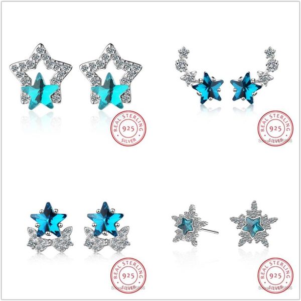 

new fashion 925 sterling silver zircon cute blue crystal star stud earring for women female jewelry birthday gift drop shipping, Golden;silver