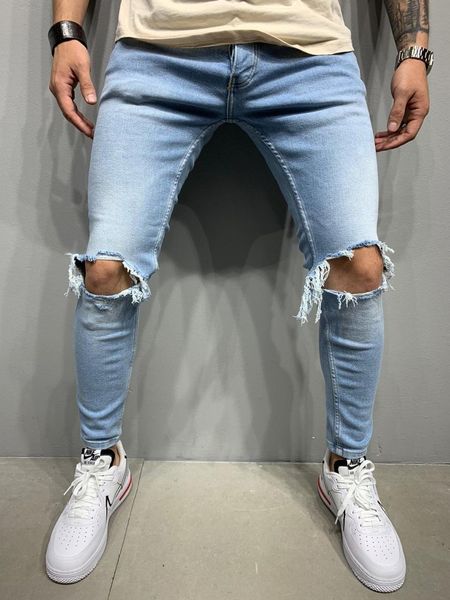 

ice blue knee cut streetwear denim jean q0105, Black;white