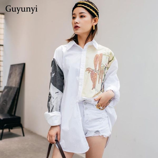 

white high street blouse 2021 spring cotton fashion printing lapel drop shoulder long sleeves single breasted loose shirt women