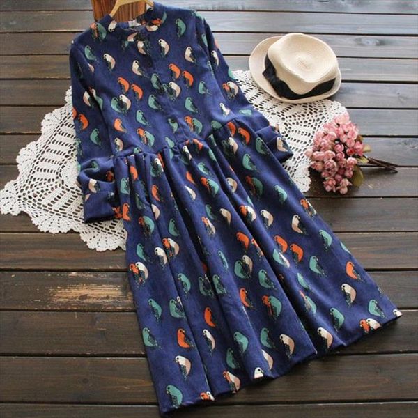 

corduroy high elastic waist vintage dress 2021 spring autumn women full sleeve shirt dress floral print dresses vestidos r281, Black;gray