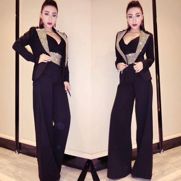 

sparkly crystals stones jacket bra pants 3 piece outfits female formal suits lady singer host stage costumes bar clubs clothing q1215, White