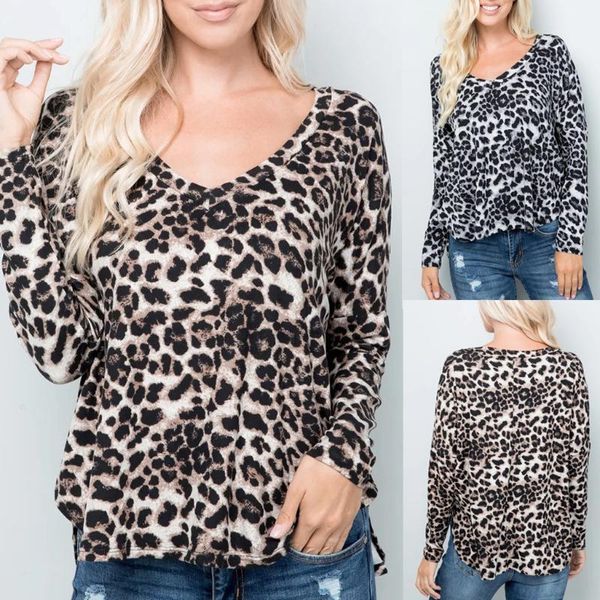 

leopard print t-shirt pullover women v-neck long sleeves easy pullover loose femme t-shirt roupas femininas winter, White