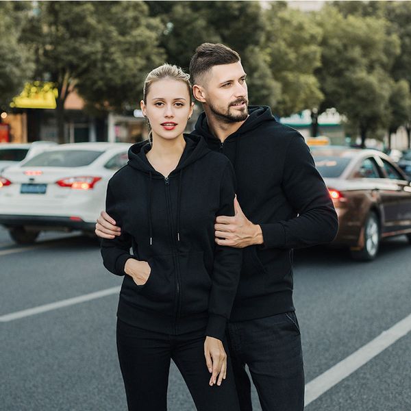 

fleece pullover hoodie jackets spring/autumn custom solid color fashion long-sleeved jacket men and women cardigan, Black