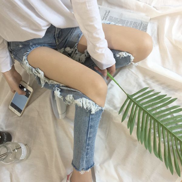 

withzz ripped jeans ins recommended women's loose thin jeans women pants breeches overalls vintage female torn trousers 201109, Blue