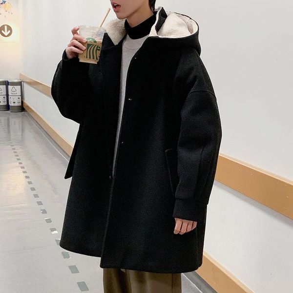 

men's trench coats coat 2021 autumn winter slim solid color thick hooded medium long loose leisure personality youth wear, Tan;black
