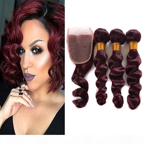 

malaysian virgin hair loose wave red wine burgundy 99j human hair 3 bundle with closure brazilian loose wave virgin hair, Black;brown