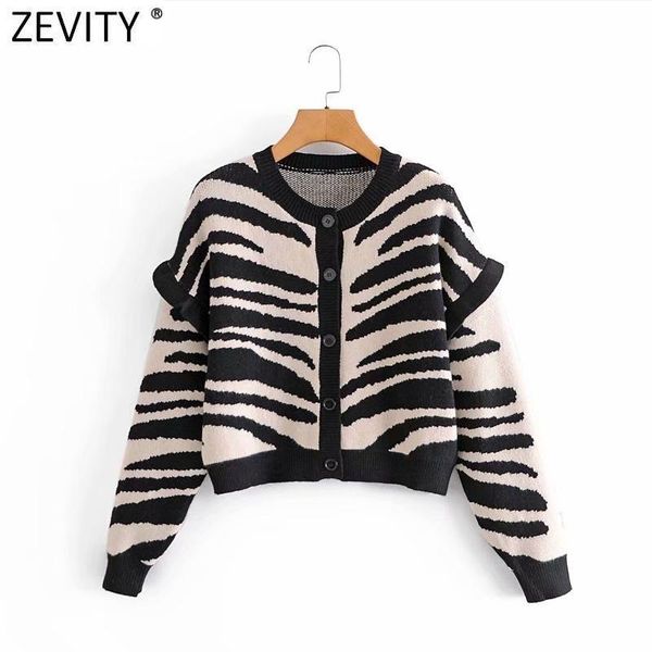

women's knits & tees zevity women 2021 vintage long sleeve ruffles casual short knitted sweater female zebra striped chic outwear cardi, White