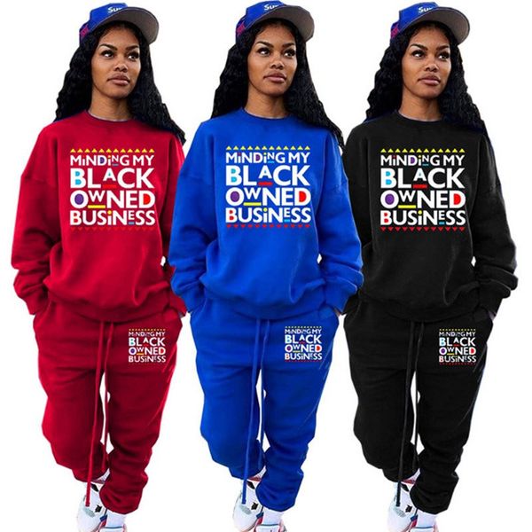 

women blacks owned business letters print tracksuit crew neck hoodie pants two piece outfits winter sweater trousers sport suit e121602, White
