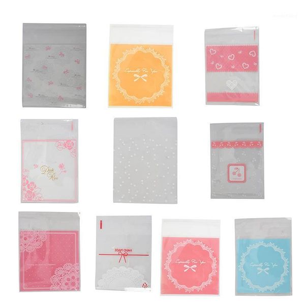 

100 pcs lovely cute bowknot opp self adhesive cookie bakery candy biscuit roasting treat gift diy plastic bag (heart + lace desi1
